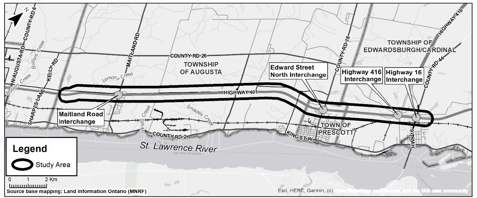 Map of area for preliminary assessment of Hwy 401