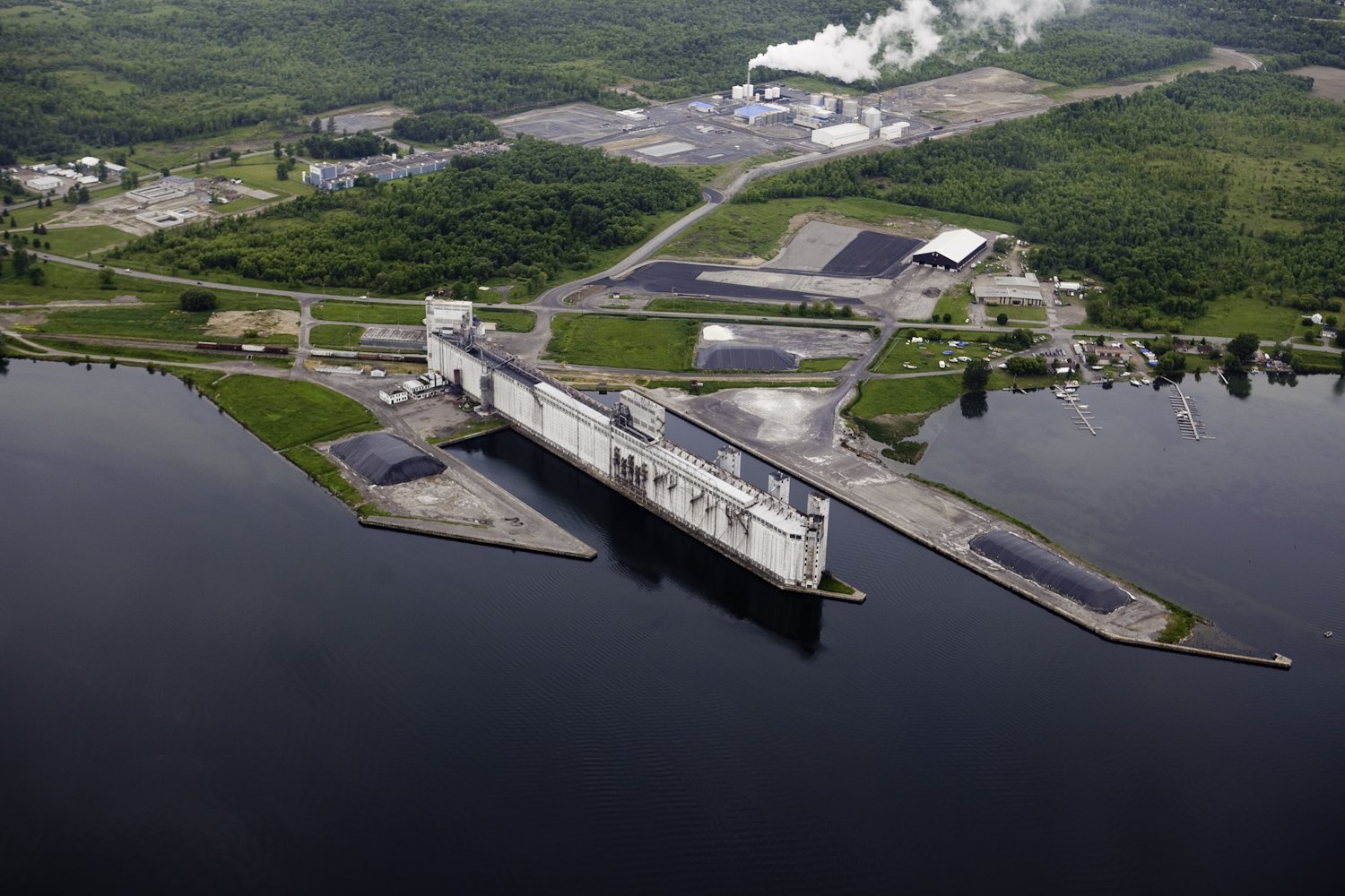 Aerial photo of industrial park and international port along the river