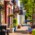 downtown sidewalk among little shops