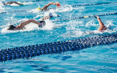 Swimmers doing front crawl in marked swimming lanes.