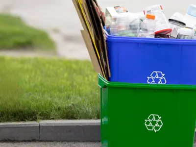 blue and green recycling bins stacks with items inside