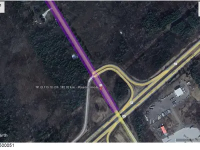 Aerial map showing a highlighted section of County Road 22 crossing Highway 401.
