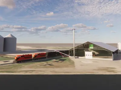 conceptual image of a future V6 terminal with train and fertilizer storage at the Port of Johnstown