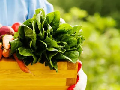 wooden box of fresh vegetables