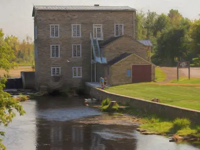 Historic stone mill beside a calm river with two people on the walkway.