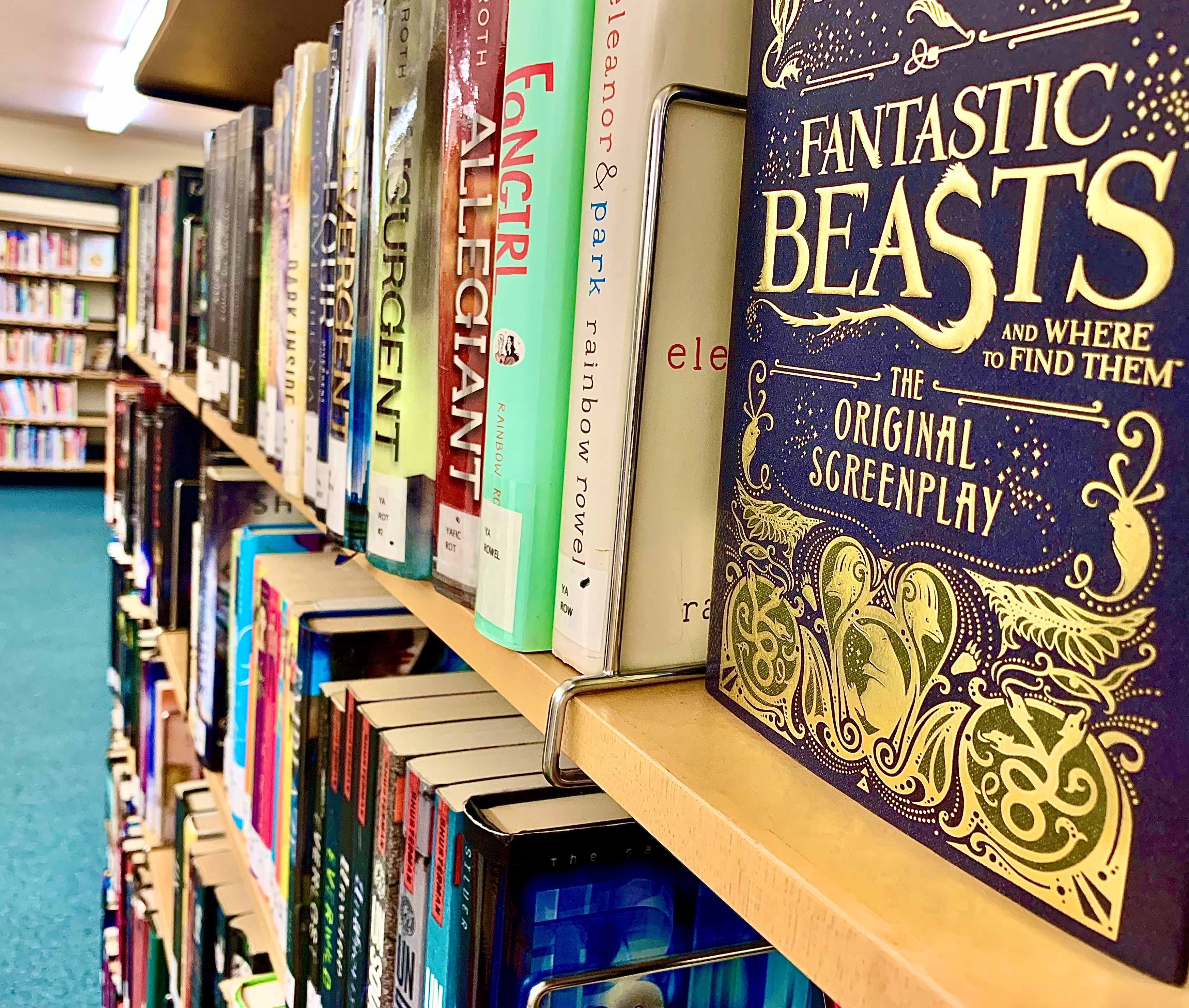 row of books on library shelves
