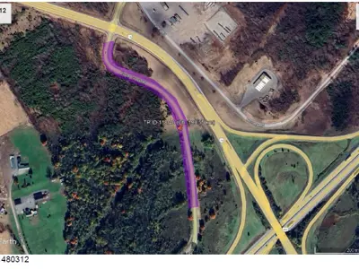 Aerial map showing a highlighted section of Cedar Grove Road near Highway 16