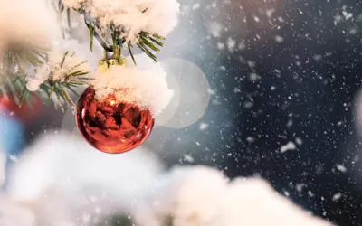 A close-up of a red Christmas ornament hanging from a snow-covered evergreen branch. Soft snowflakes fall against a blurred winter background, creating a peaceful and festive holiday atmosphere.