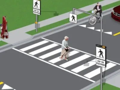 pedestrian crossover setup with crosswalk and signage