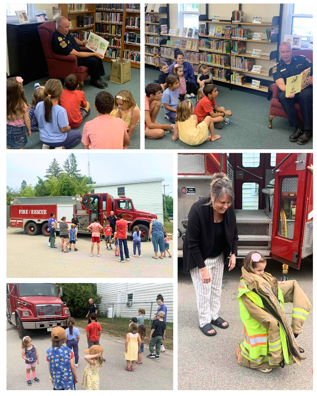 A collage of photos from a fire safety storytime at the library.